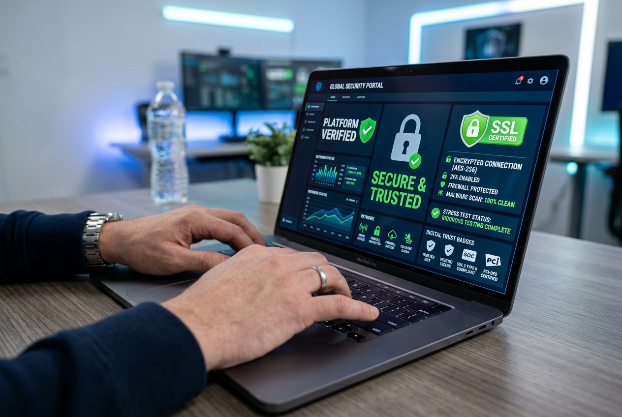 A hand holding a security token near a laptop showing casino security certifications.