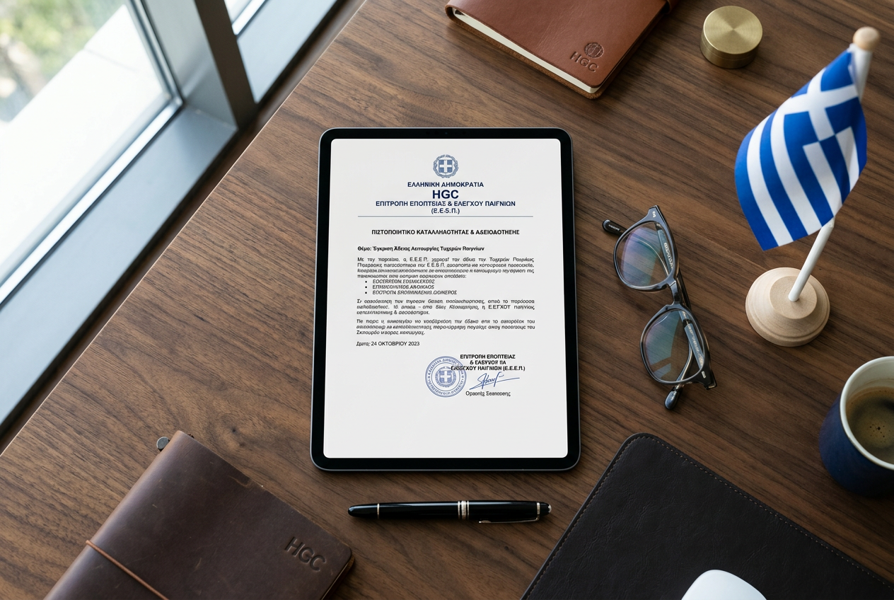 A professional desk setting with documents and a tablet showing Greek regulatory authority symbols.