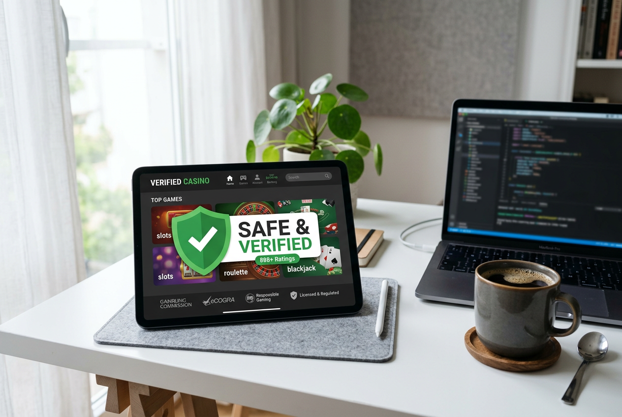 A tablet on a desk showing a secure casino website interface.