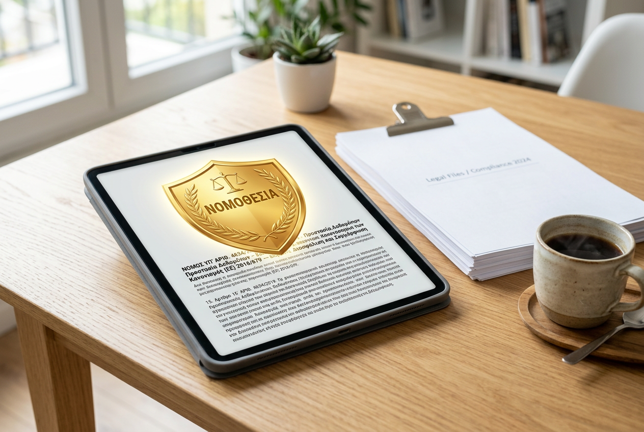 Ένα tablet που εμφανίζει σύμβολα ασφαλείας και νομικά έγγραφα για τα καζίνο στην Ελλάδα.