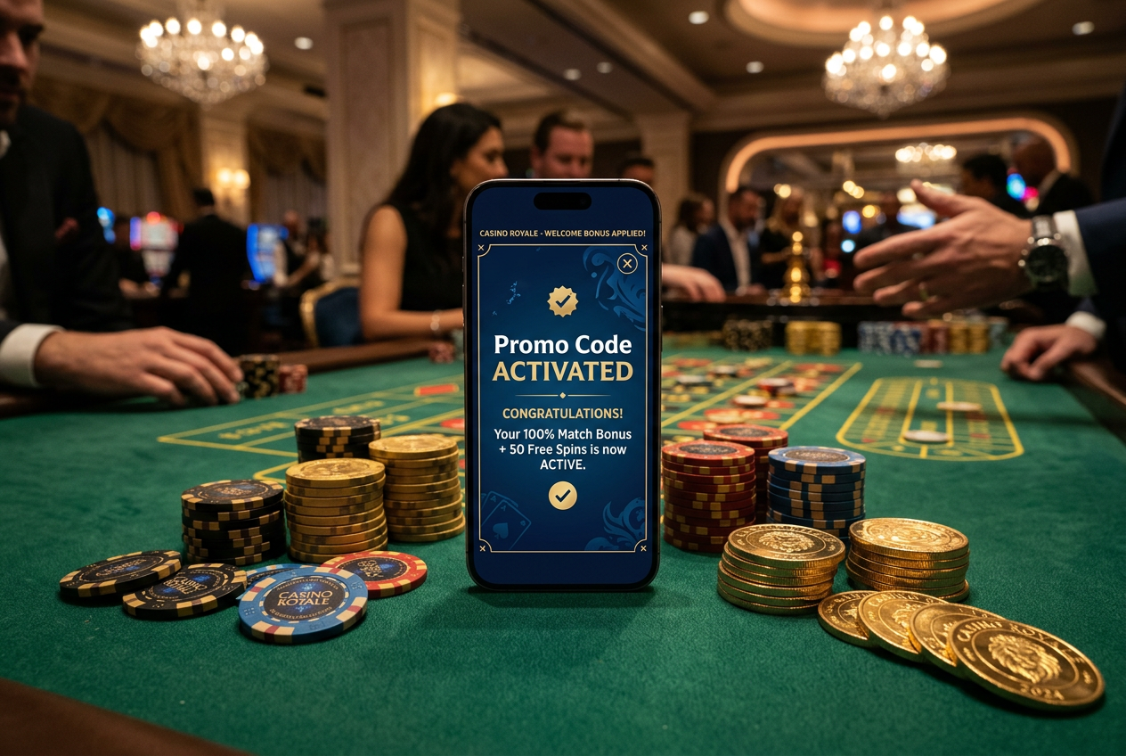 A luxury casino table with a glowing smartphone and poker chips