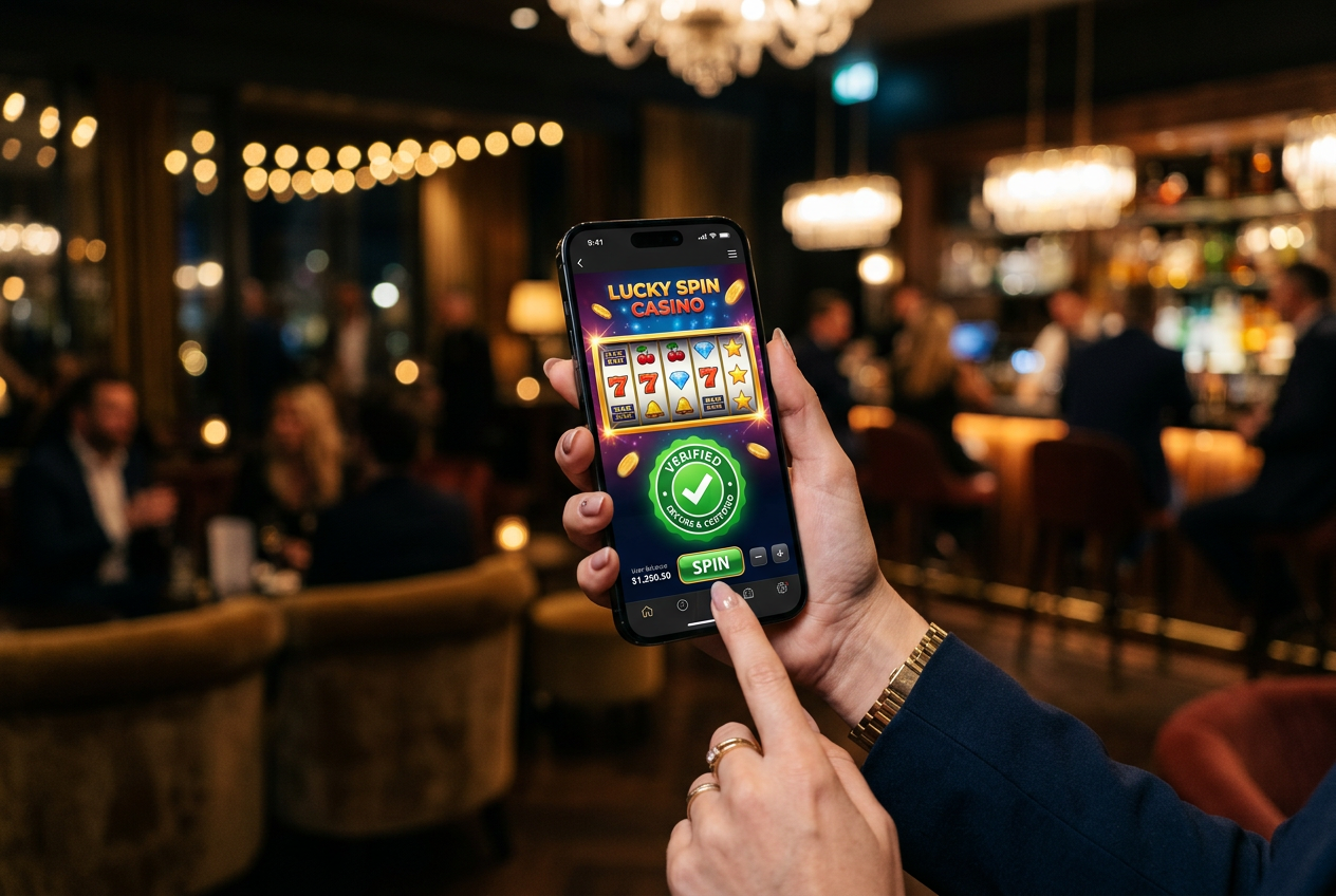 A smartphone displaying a verified online casino app in a modern setting.